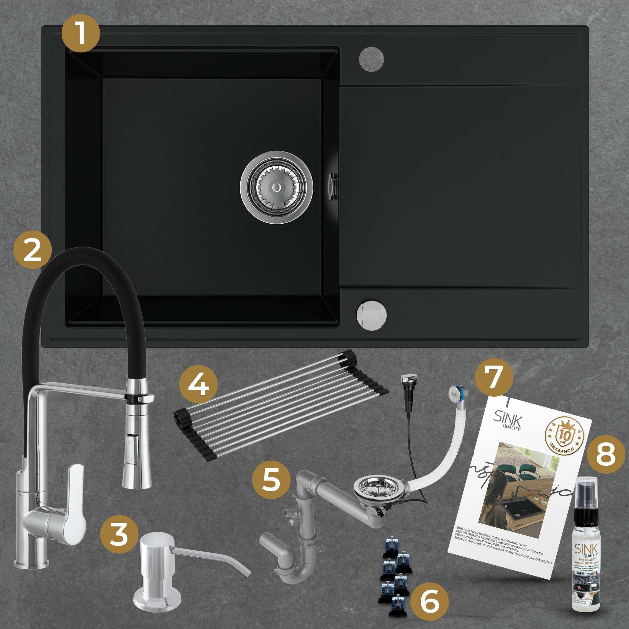 Zlewozmywak granitowy gotowy do montażu srebro manual